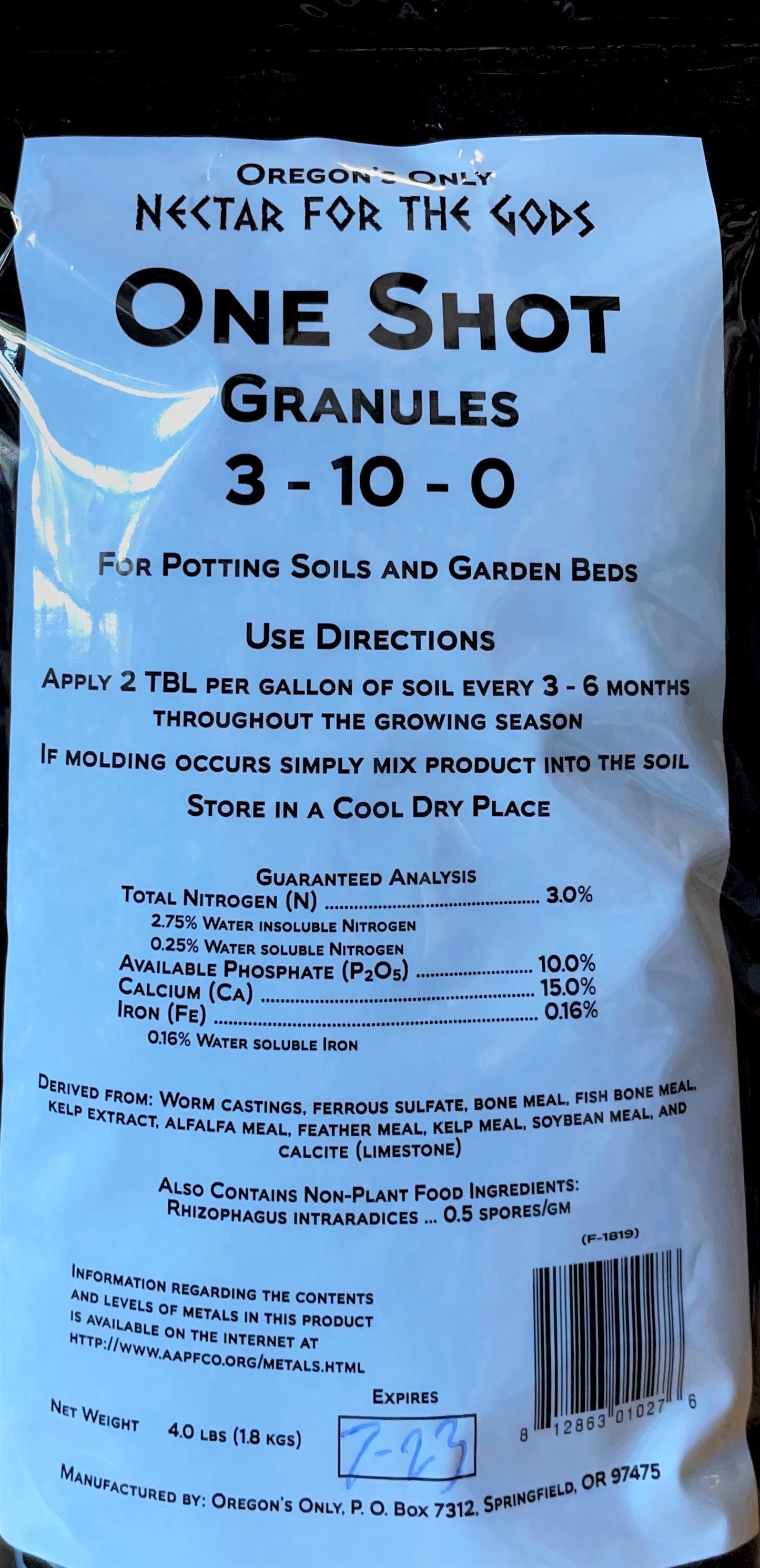 Nectar for the Gods One Shot Back Label
