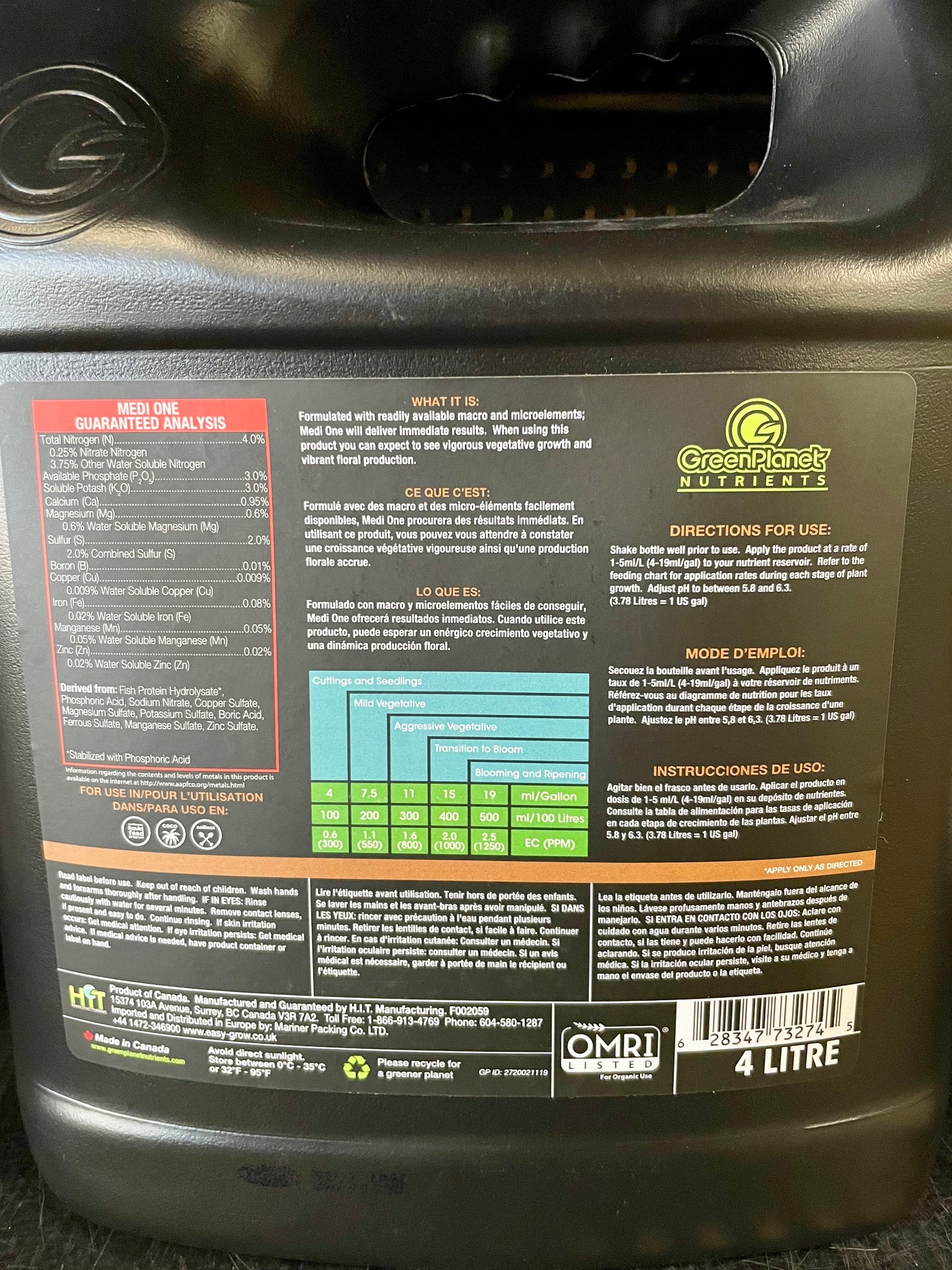 Green Planet Medi One 4 Liter back label